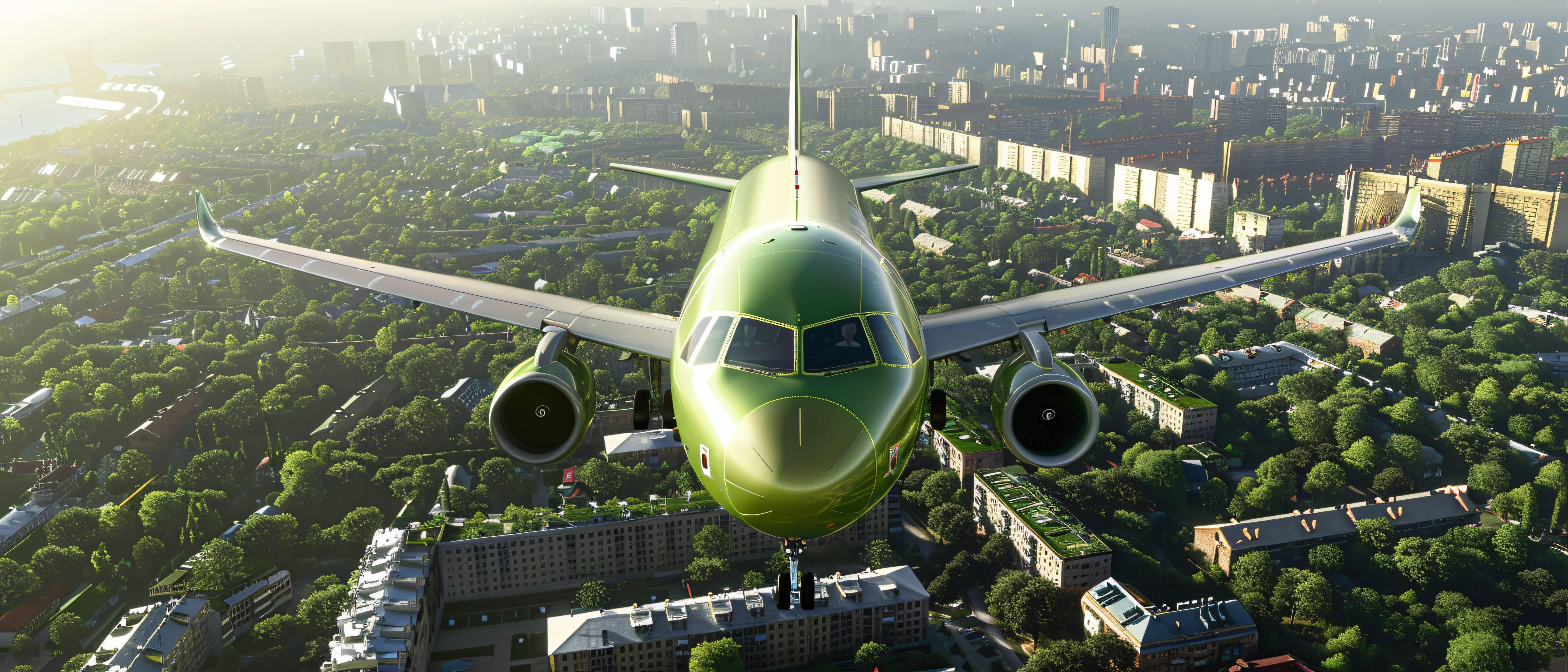 Green airplane flying over a cityscape.
