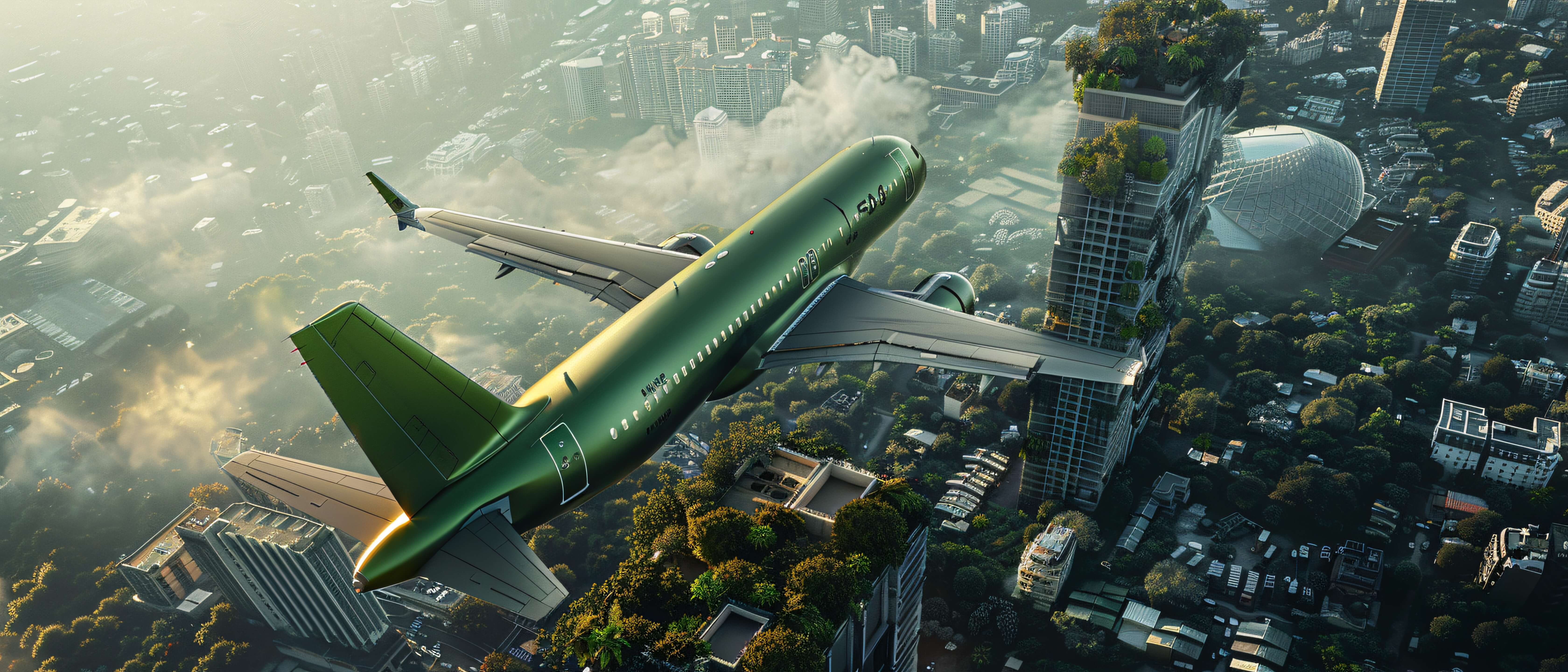 Green airplane flying over futuristic cityscape.