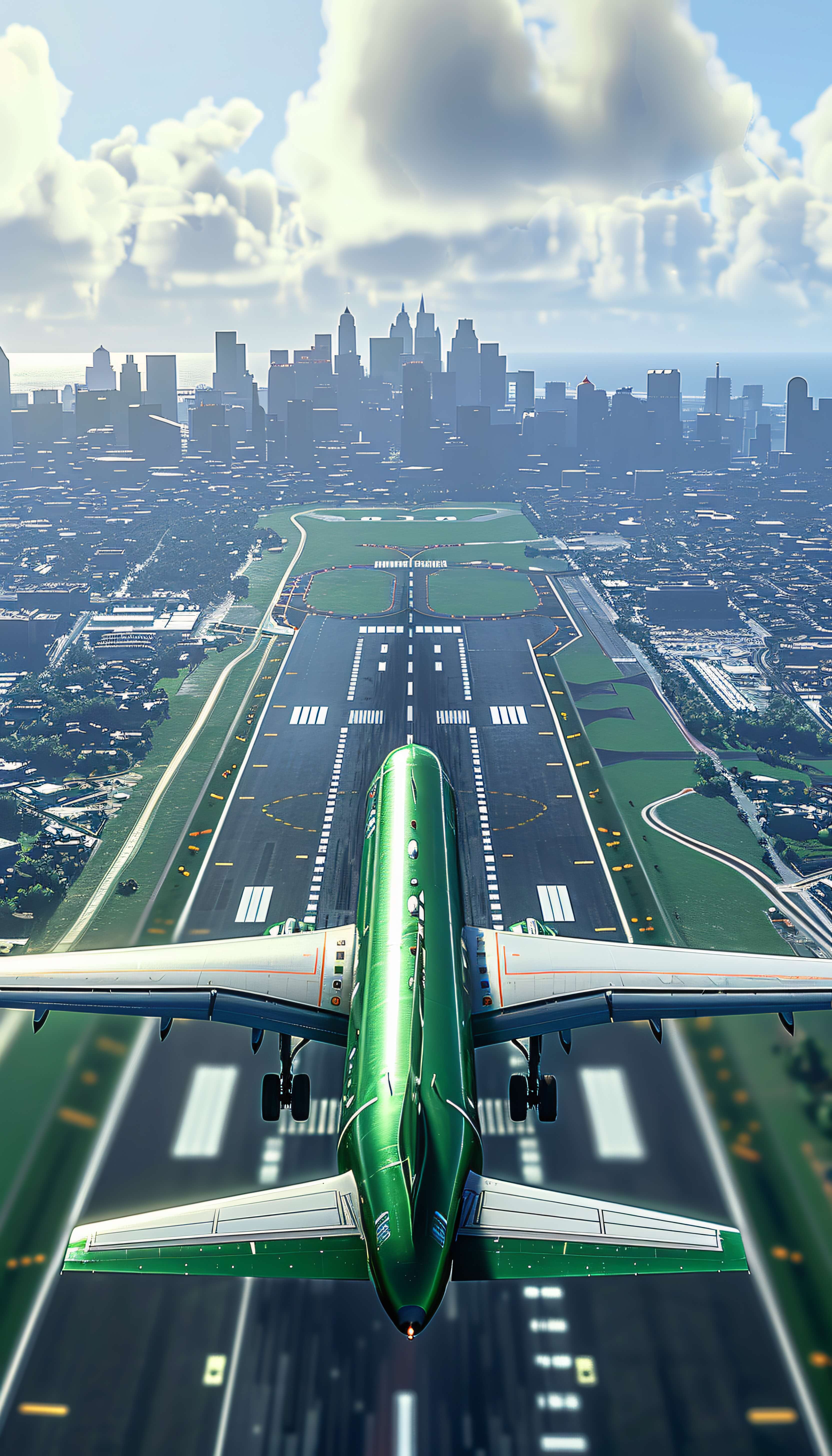 Green airplane landing on city runway.